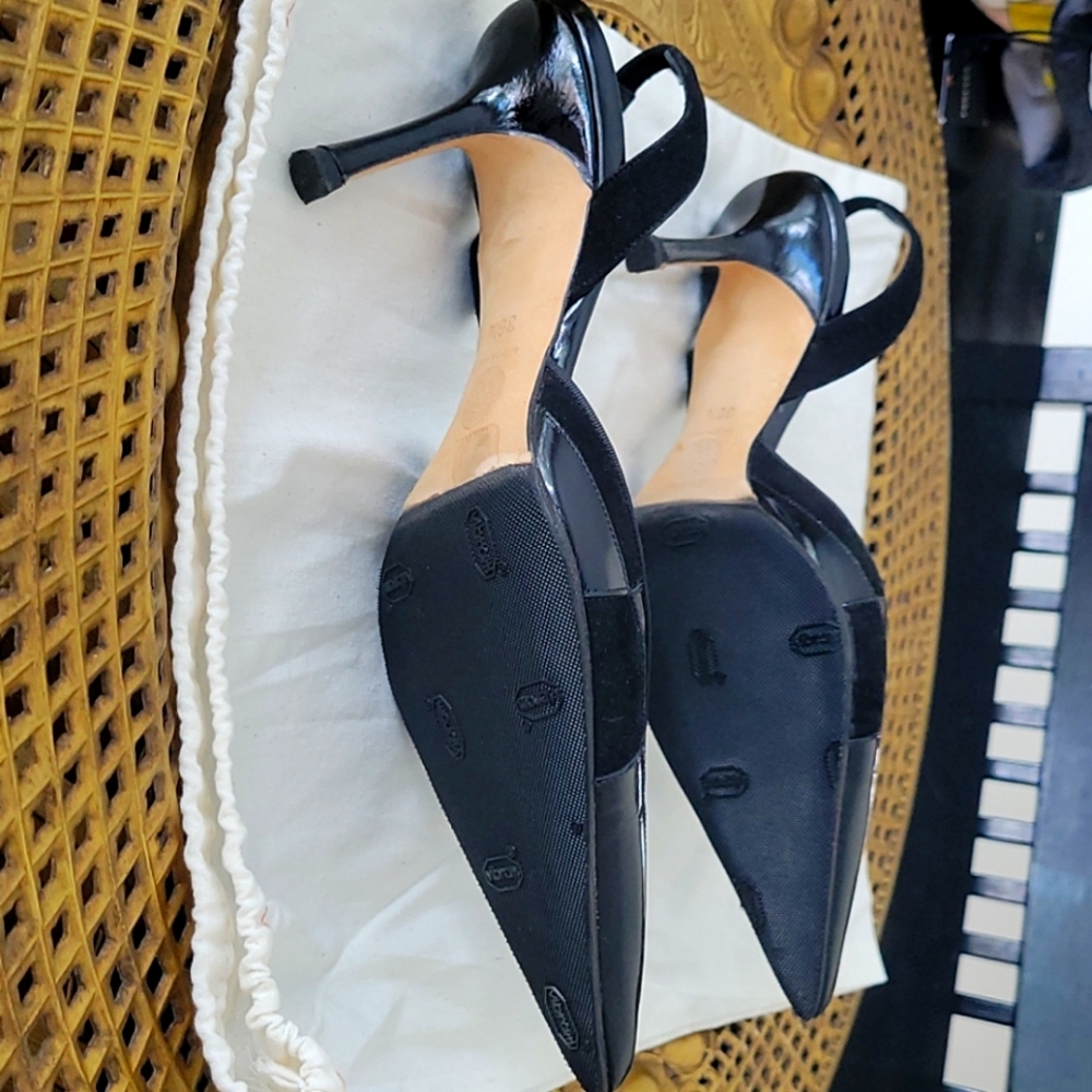 VERSACE Black Leather /Suede Pointed Toe Mules with Sling Back Woman’s Size 36.5 - Picture 3 of 8
